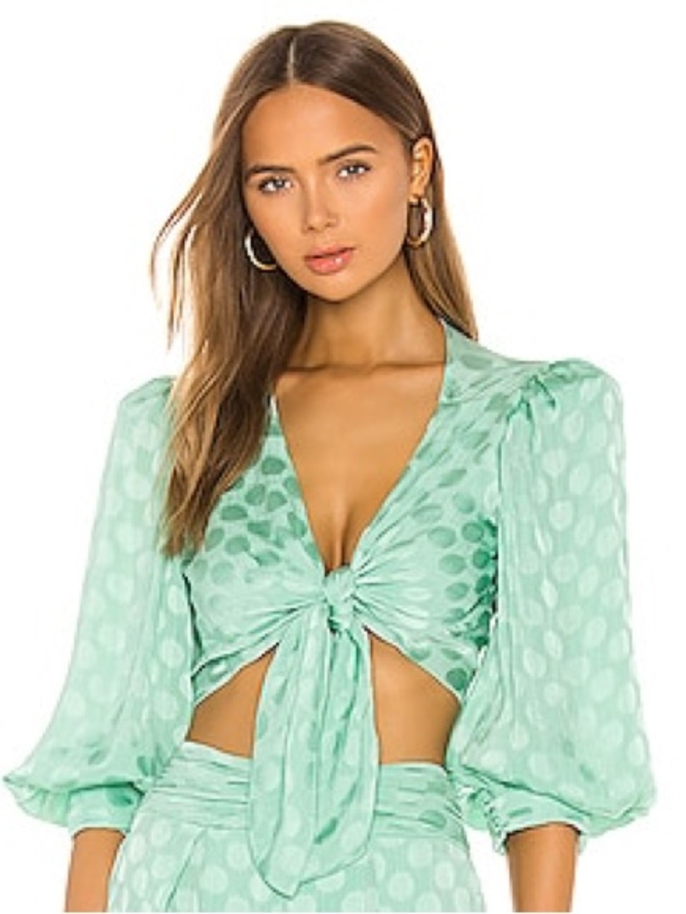 PATB Satin Dot Tie-Front Cropped Top in Aqua Size Small